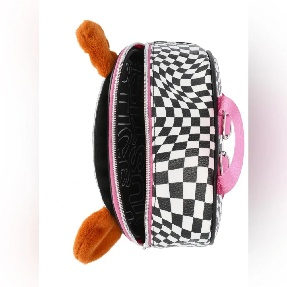 NWT Justice xNASCAR Girls Mini Racer Backpack Checkerboard Pink Multi Plush Ears